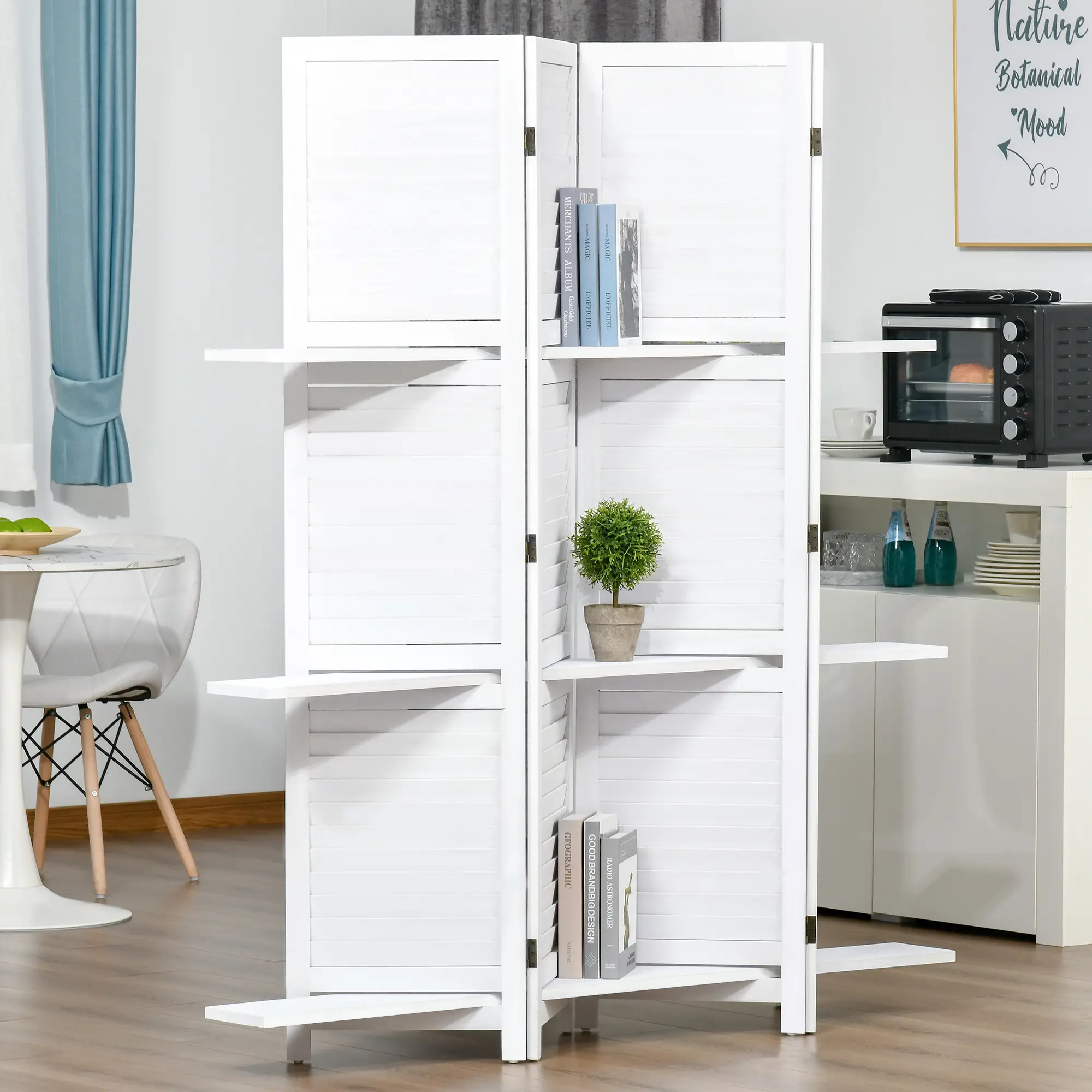 4-Panel Wall Partition, 3 Storage Shelves, Foldable, Wooden Frame, 5.6FT, White - Image 9