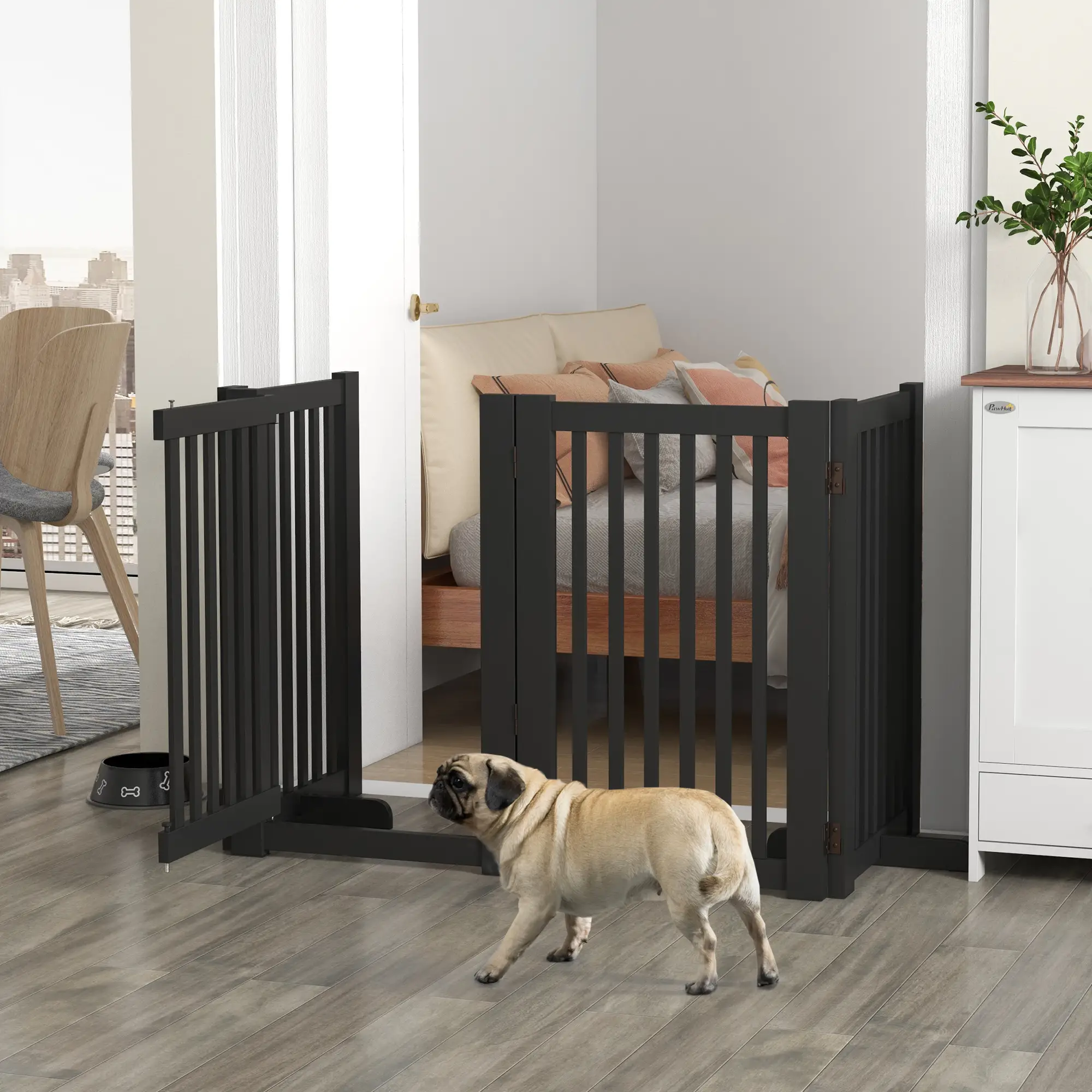 4 Panel Wooden Pet Gate, Free Standing, Open Door, Black - Image 2