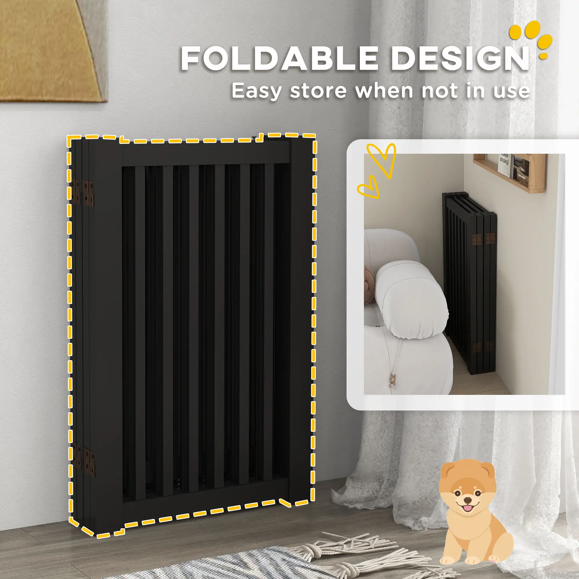 4 Panel Wooden Pet Gate, Free Standing, Open Door, Black - Image 6