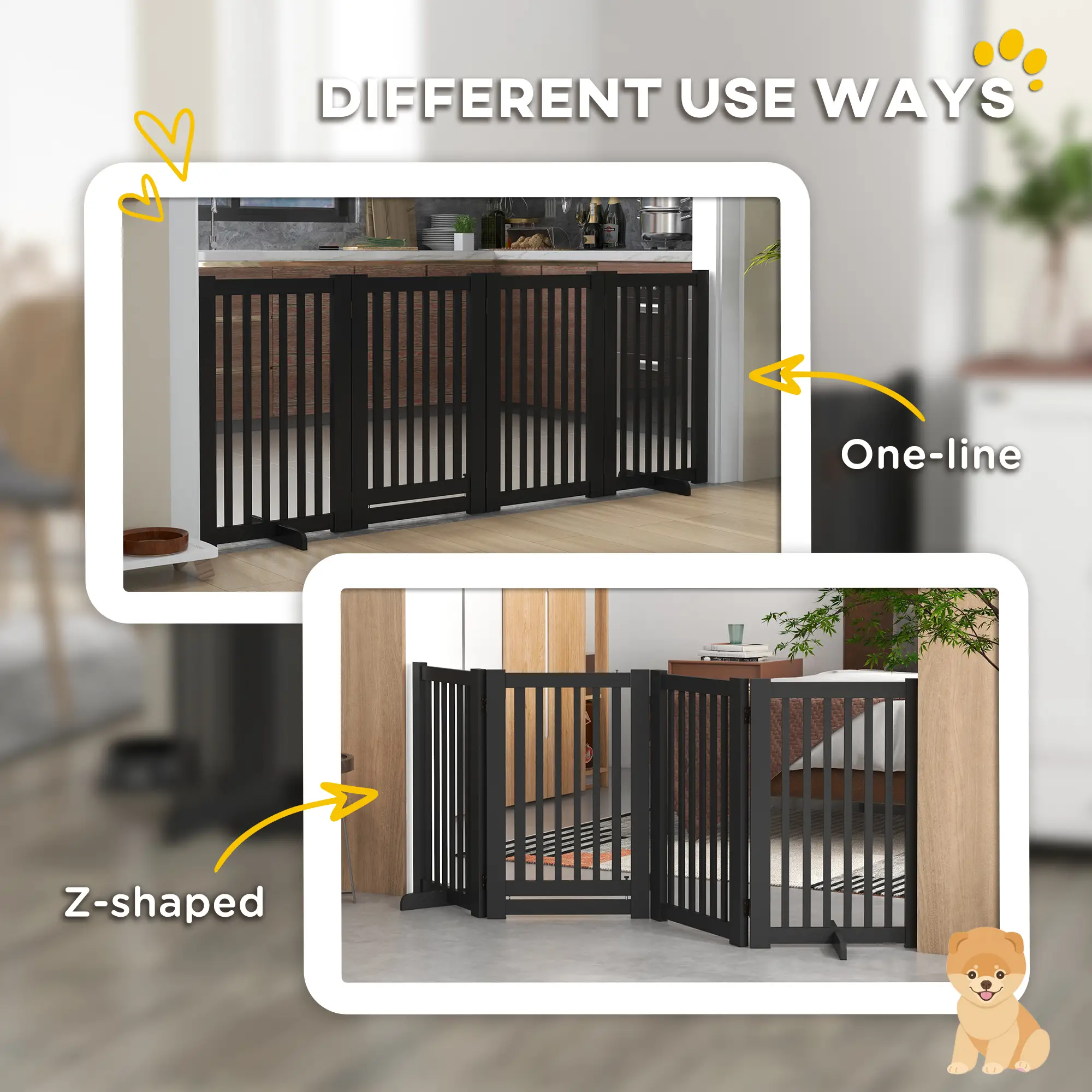 4 Panel Wooden Pet Gate, Free Standing, Open Door, Black - Image 7