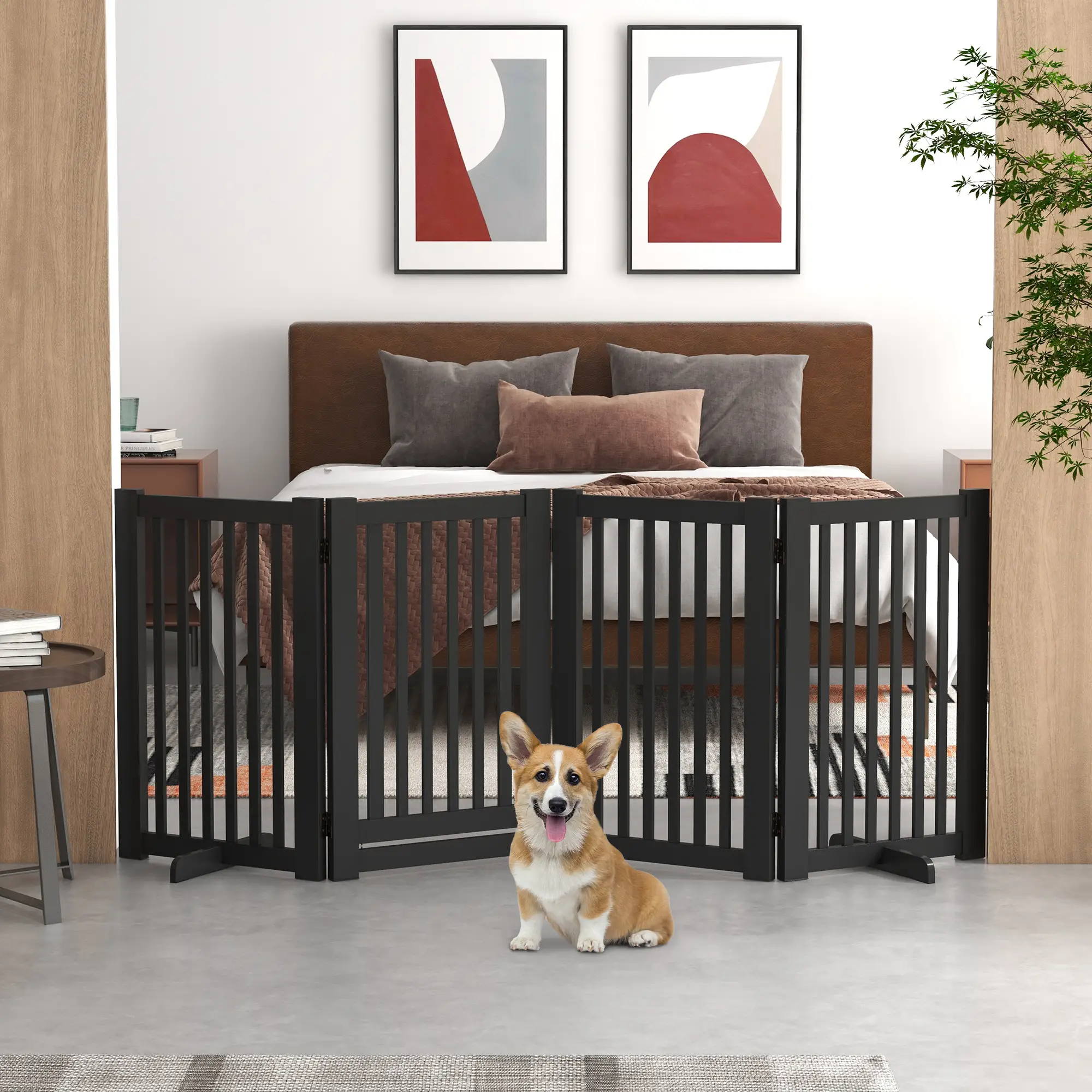 4 Panel Wooden Pet Gate, Free Standing, Open Door, Black - Image 8