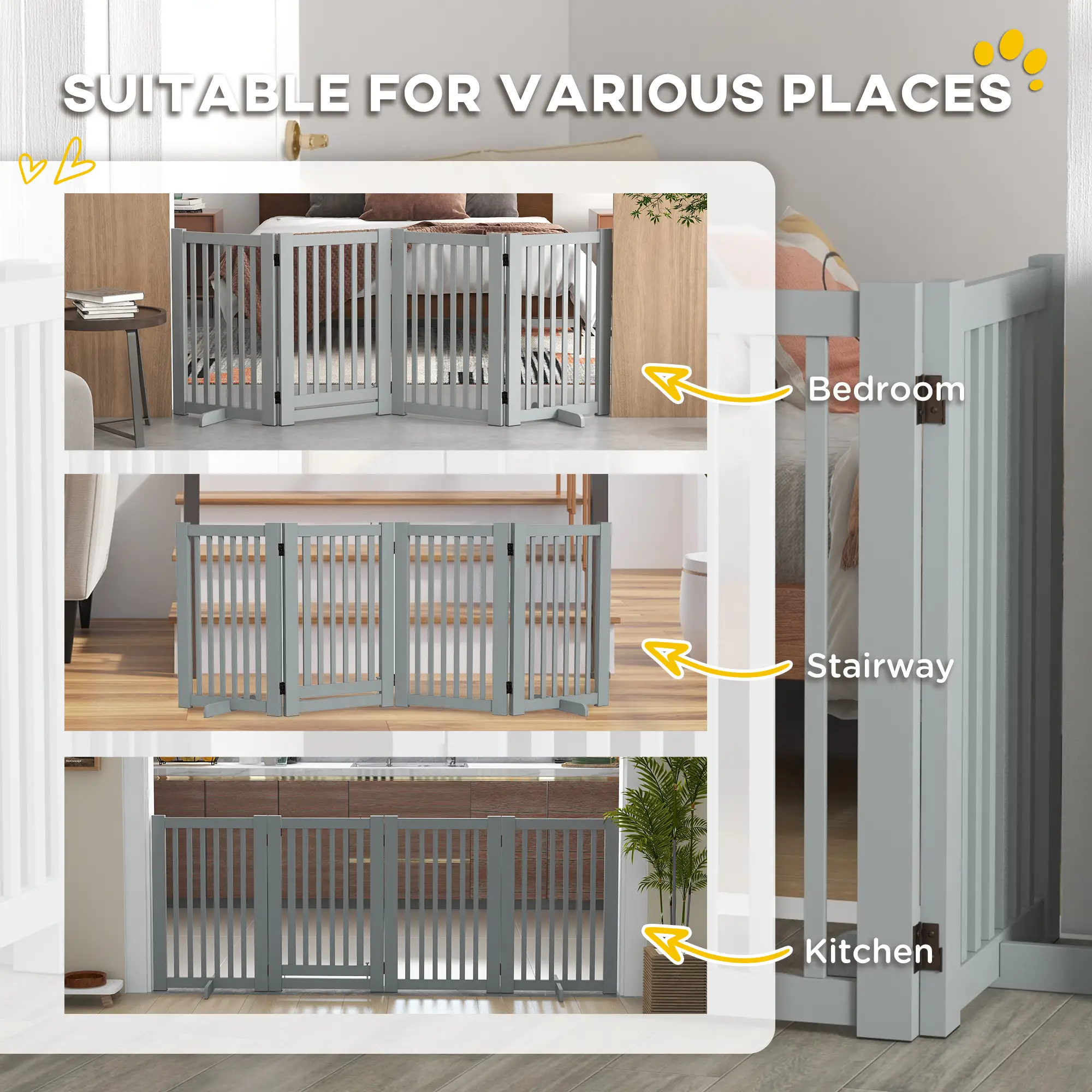 4 Panel Wooden Pet Gate, Free Standing, Open Door, Light Grey - Image 4