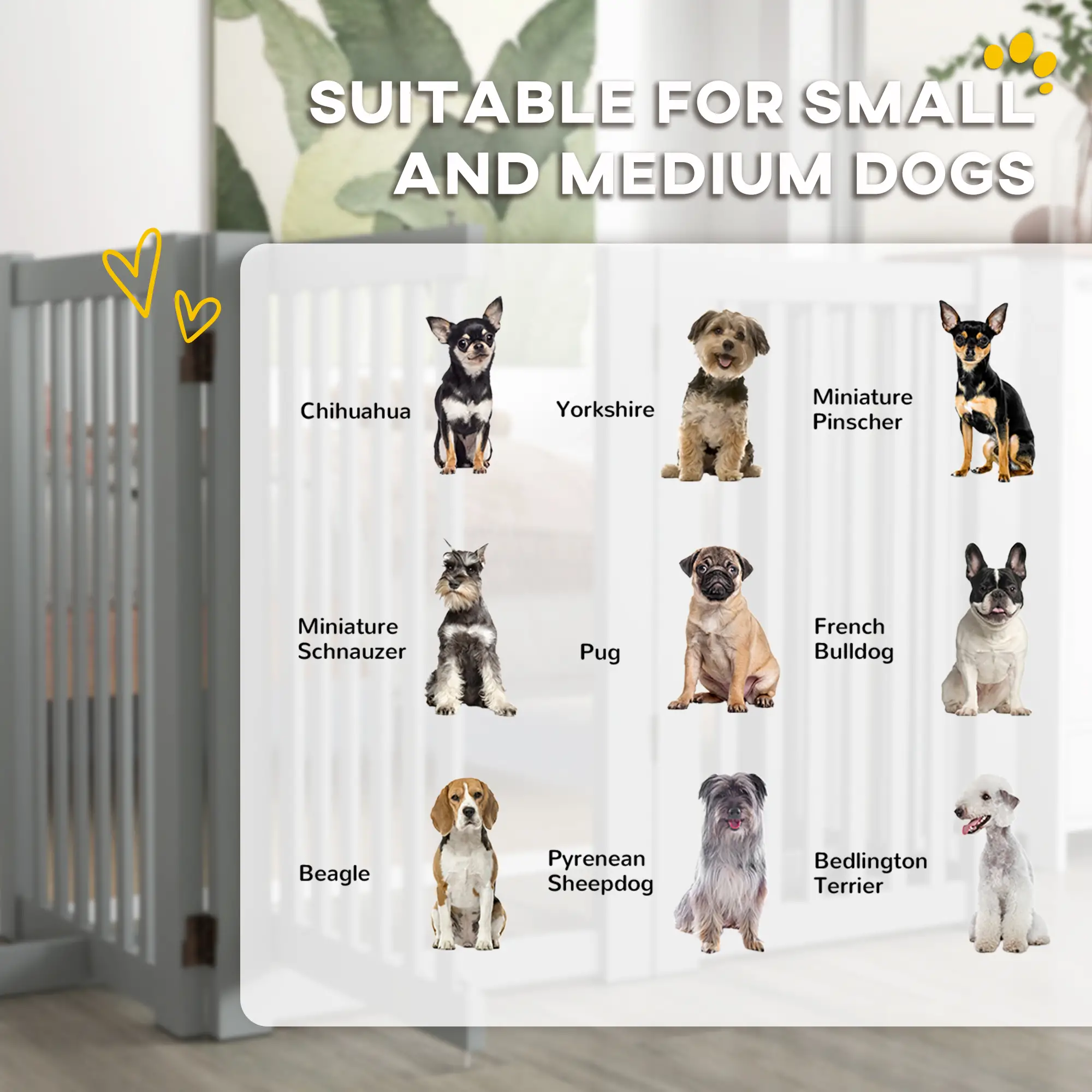 4 Panel Wooden Pet Gate, Free Standing, Open Door, Light Grey - Image 9