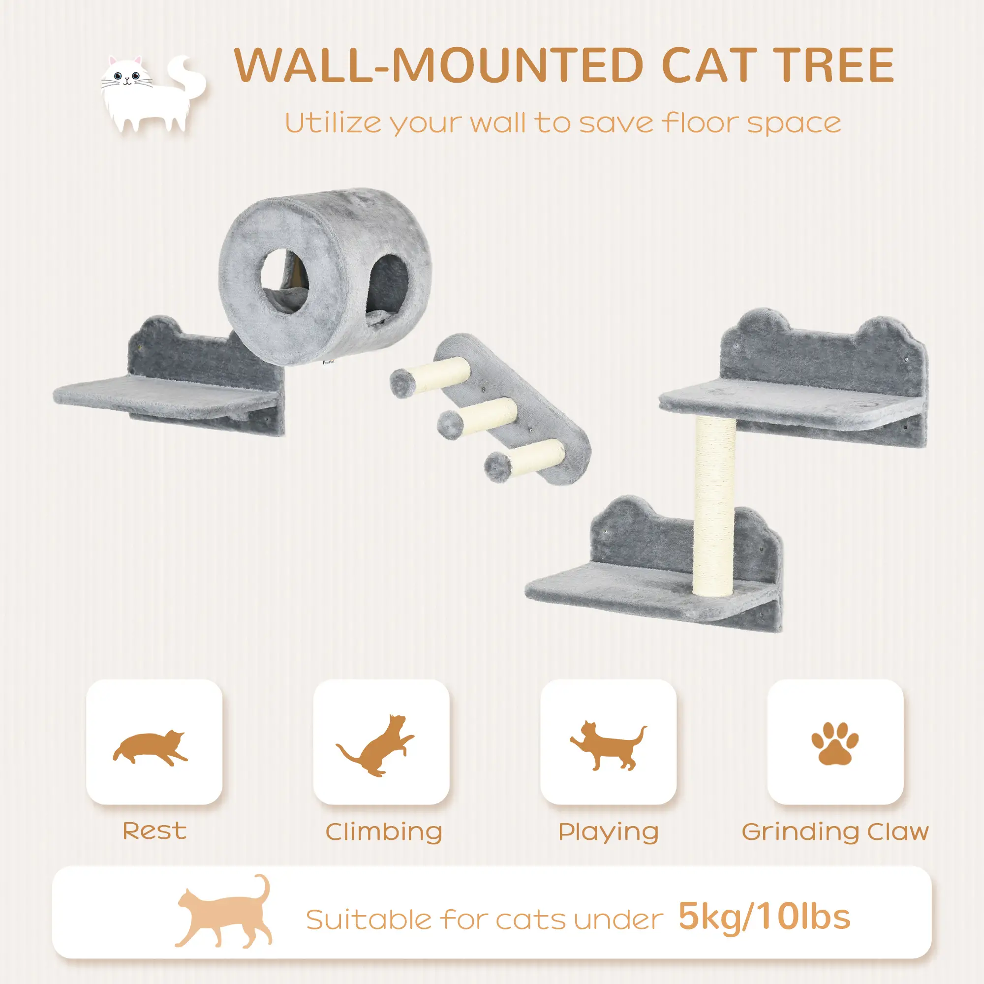 4 Pcs 9.3" H Cat Wall Shelves, Pet Climbing Shelf Set, Grey - Image 4