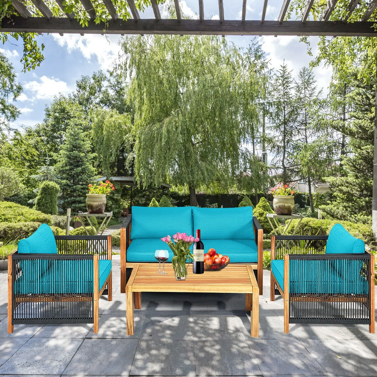 4 Pcs Acacia Wood Patio Furniture Set, Turquoise - Image 2