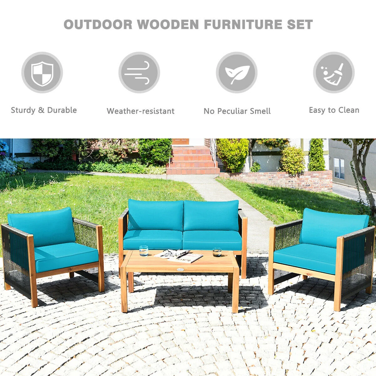 4 Pcs Acacia Wood Patio Furniture Set, Turquoise - Image 3
