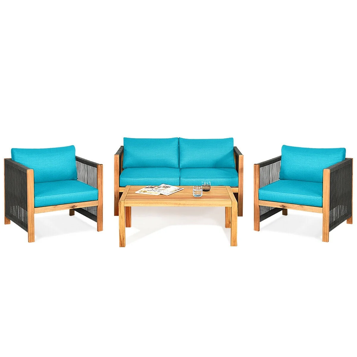 4 Pcs Acacia Wood Patio Furniture Set, Turquoise - Image 4