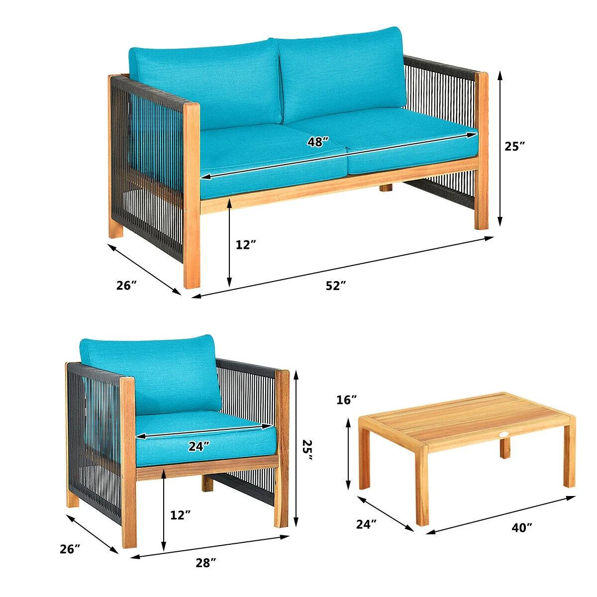 4 Pcs Acacia Wood Patio Furniture Set, Turquoise - Image 5