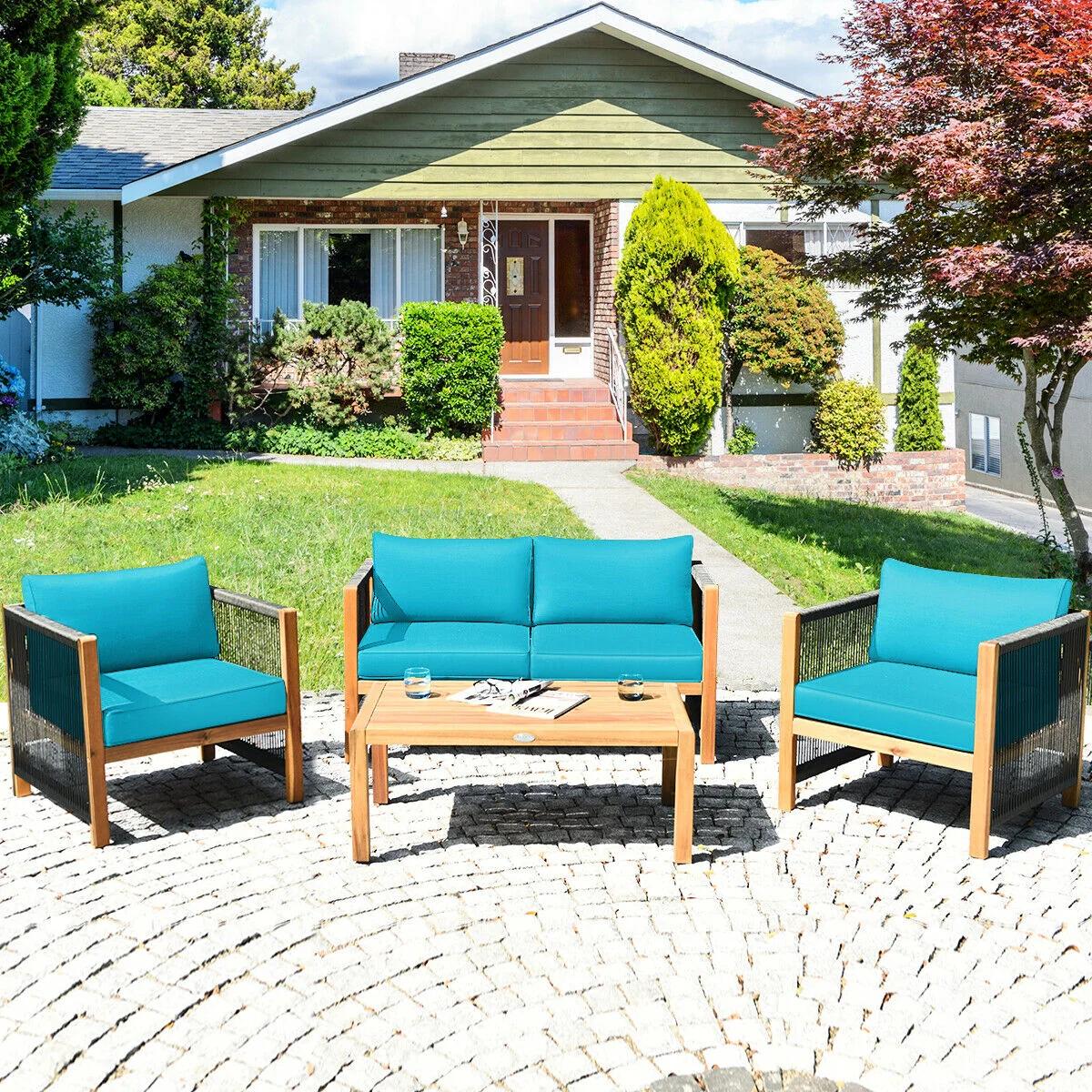 4 Pcs Acacia Wood Patio Furniture Set, Turquoise - Image 7