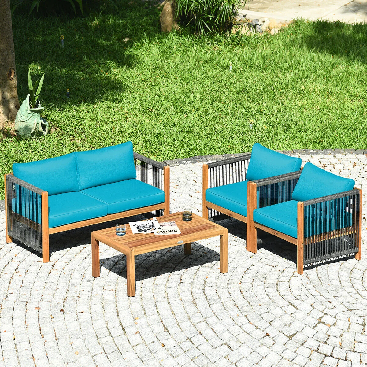 4 Pcs Acacia Wood Patio Furniture Set, Turquoise - Image 8