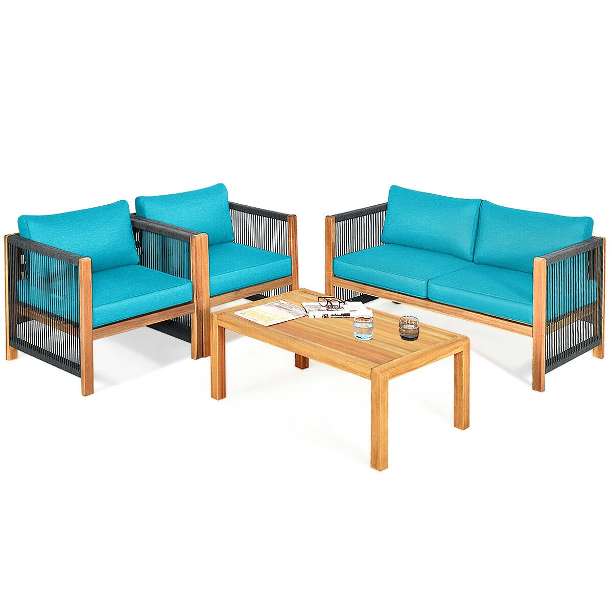 4 Pcs Acacia Wood Patio Furniture Set, Turquoise - Image 9