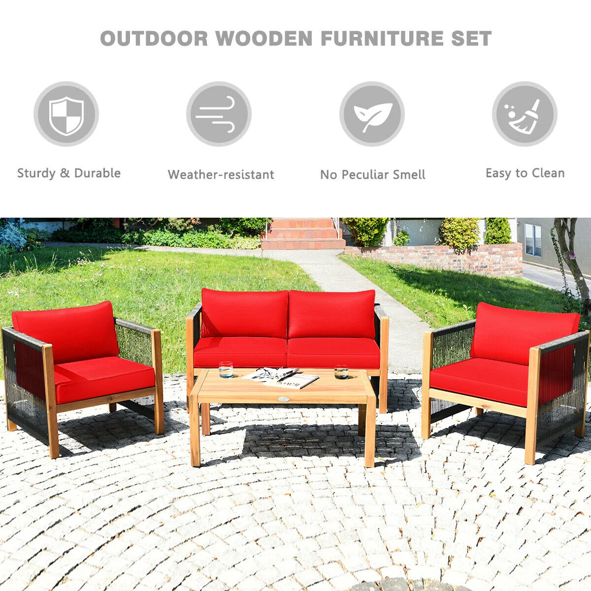 4 Pcs Acacia Wood Patio Furniture Set With Cushions, Red - Image 10