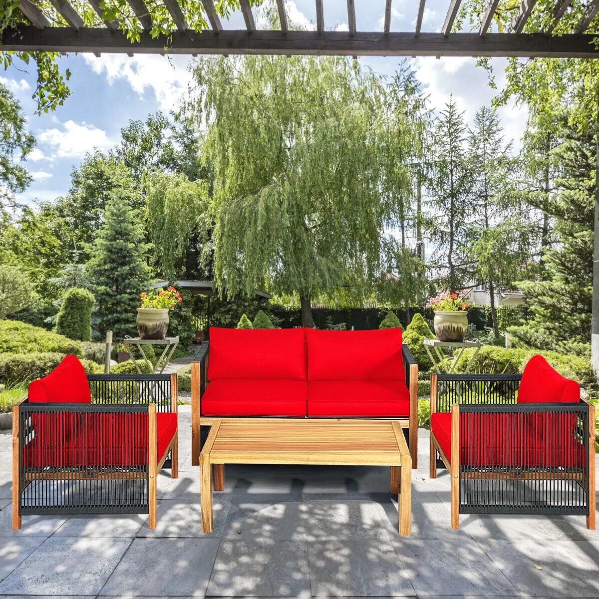 4 Pcs Acacia Wood Patio Furniture Set With Cushions, Red - Image 2