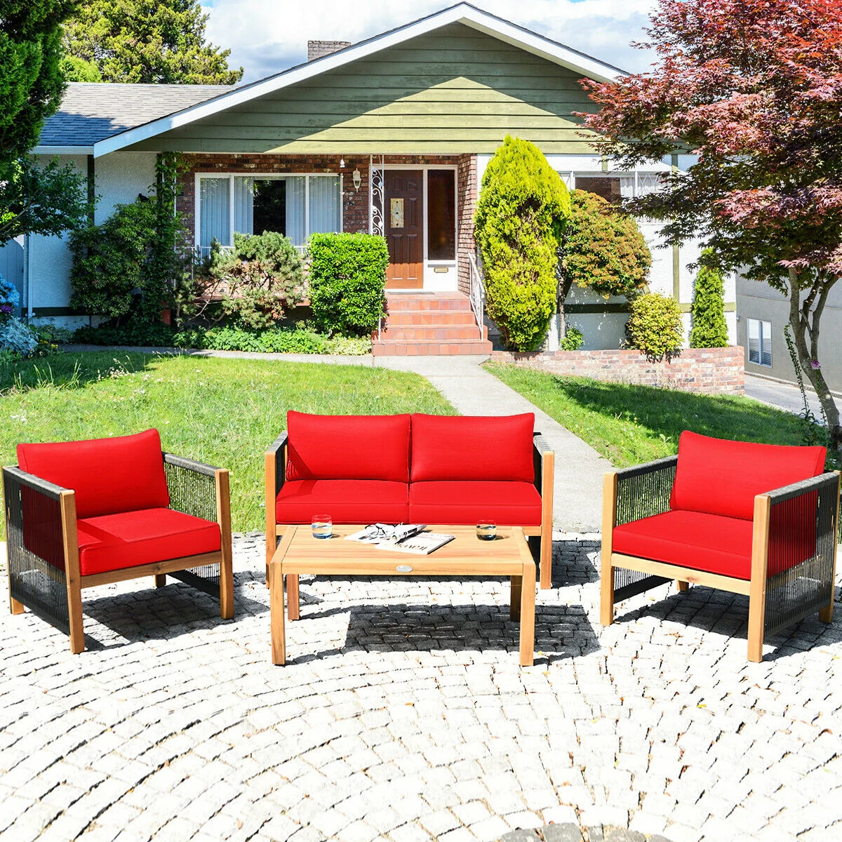 4 Pcs Acacia Wood Patio Furniture Set With Cushions, Red - Image 3
