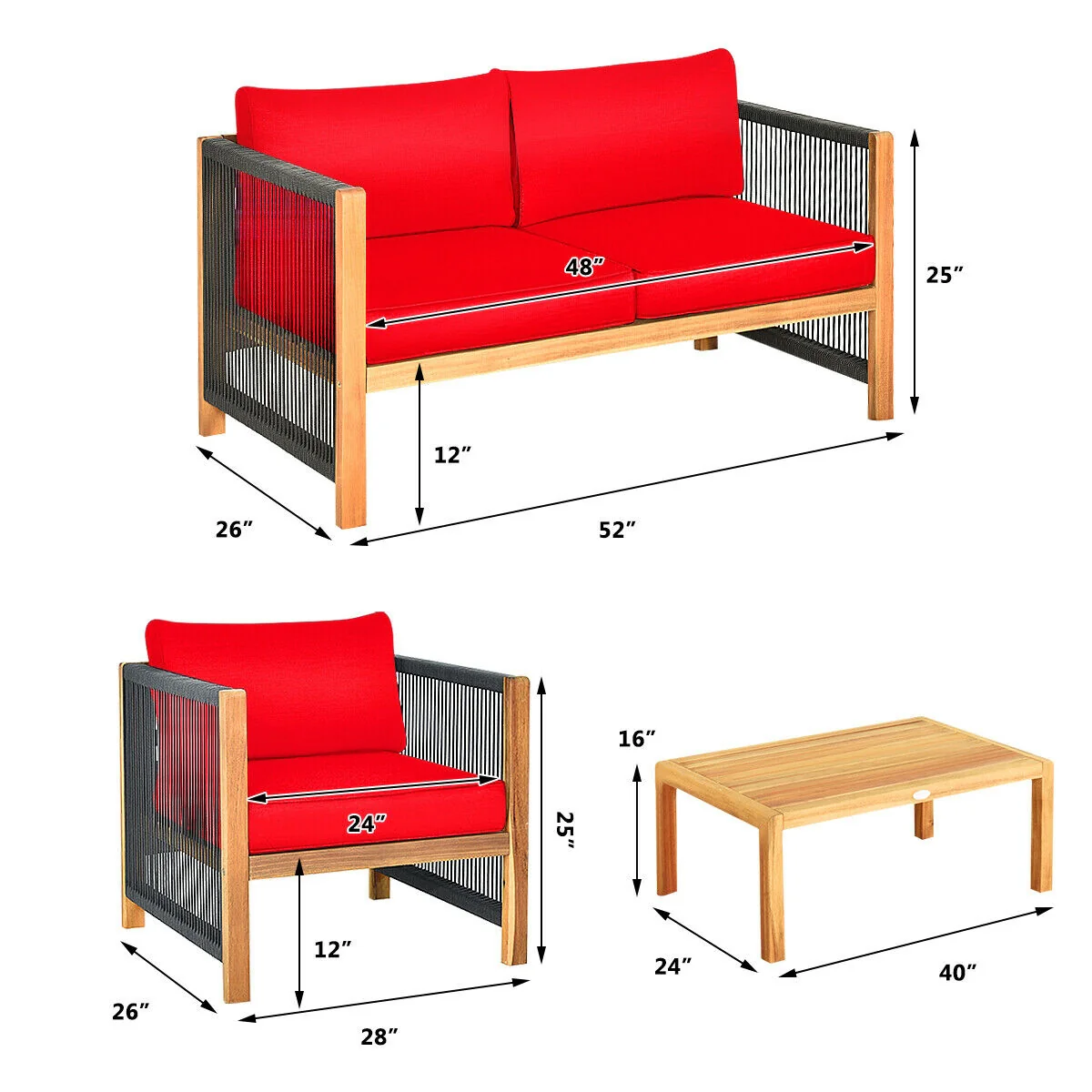 4 Pcs Acacia Wood Patio Furniture Set With Cushions, Red - Image 6