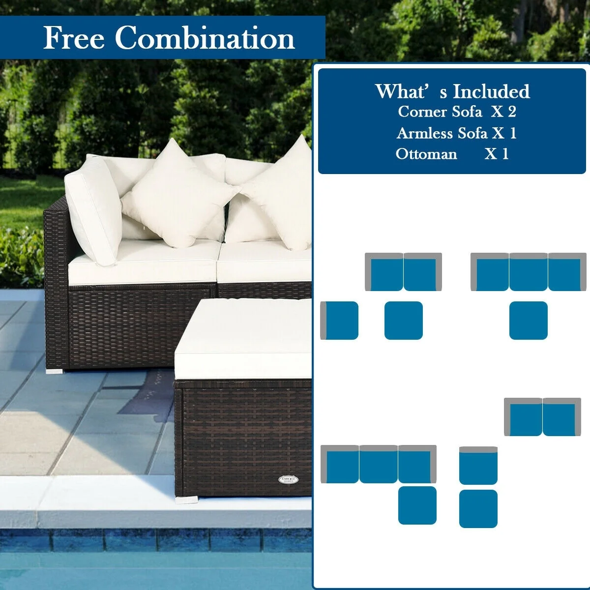 4 Pcs Ottoman Garden Deck Patio Rattan Wicker Furniture Set Cushioned Sofa, White - Image 10
