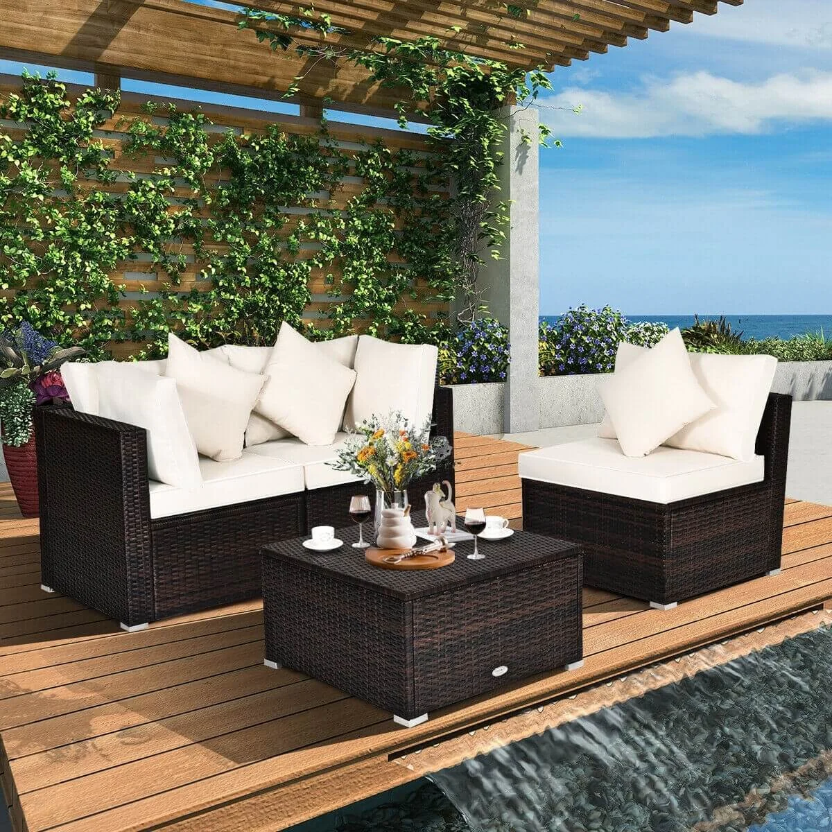 4 Pcs Ottoman Garden Deck Patio Rattan Wicker Furniture Set Cushioned Sofa, White - Image 2