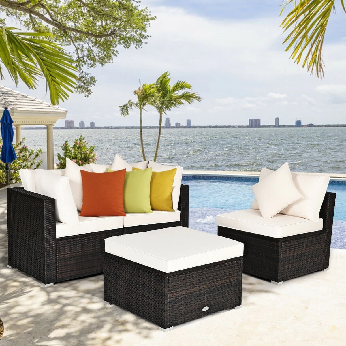 4 Pcs Ottoman Garden Deck Patio Rattan Wicker Furniture Set Cushioned Sofa, White - Image 3