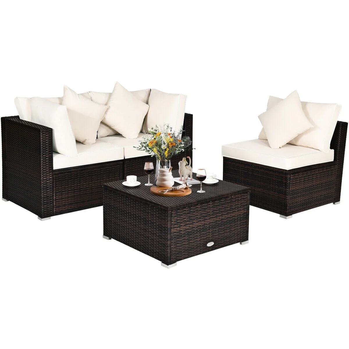 4 Pcs Ottoman Garden Deck Patio Rattan Wicker Furniture Set Cushioned Sofa, White - Image 4