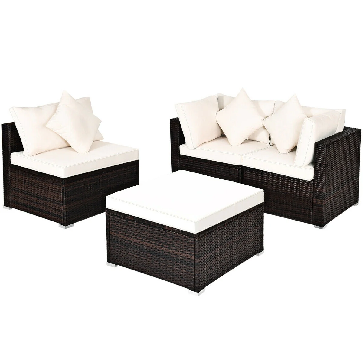 4 Pcs Ottoman Garden Deck Patio Rattan Wicker Furniture Set Cushioned Sofa, White - Image 5