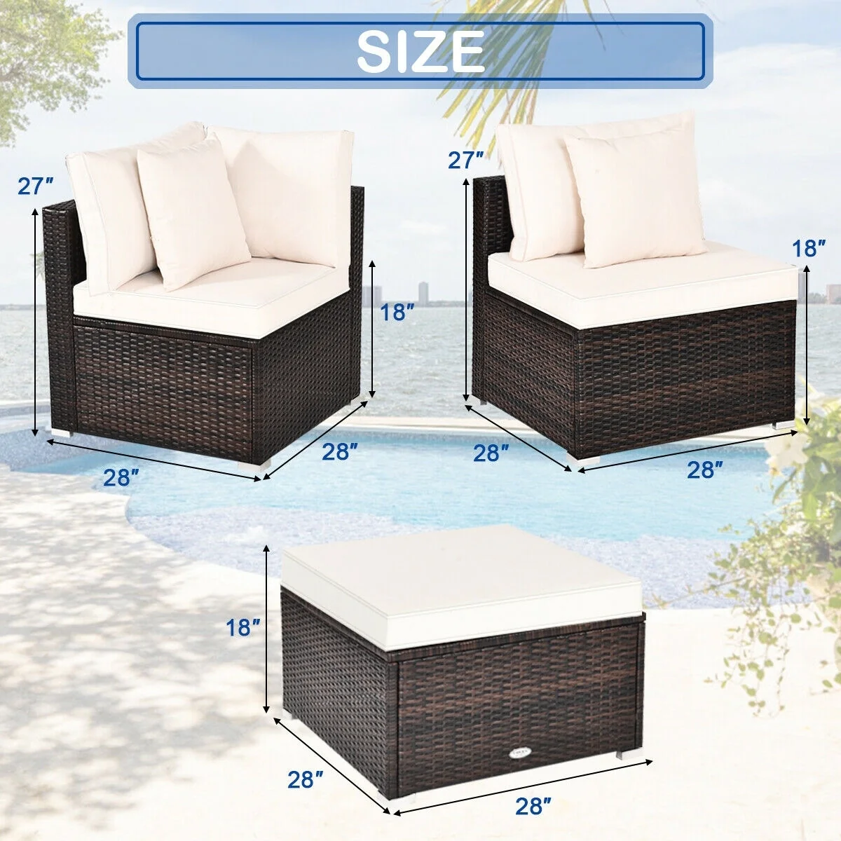 4 Pcs Ottoman Garden Deck Patio Rattan Wicker Furniture Set Cushioned Sofa, White - Image 6