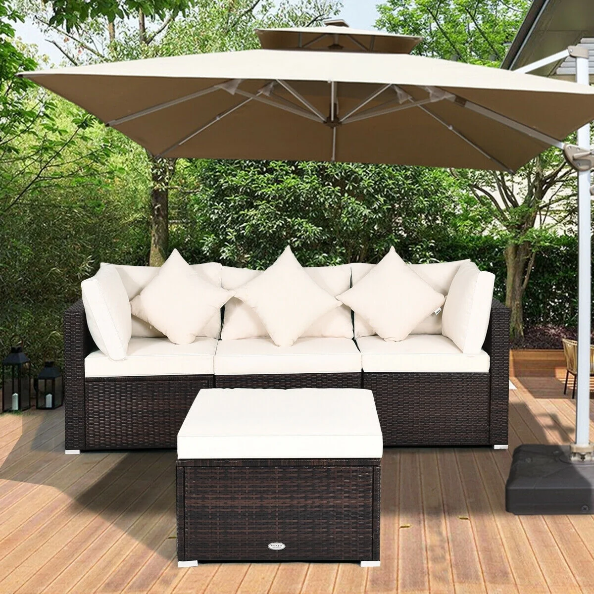 4 Pcs Ottoman Garden Deck Patio Rattan Wicker Furniture Set Cushioned Sofa, White - Image 8