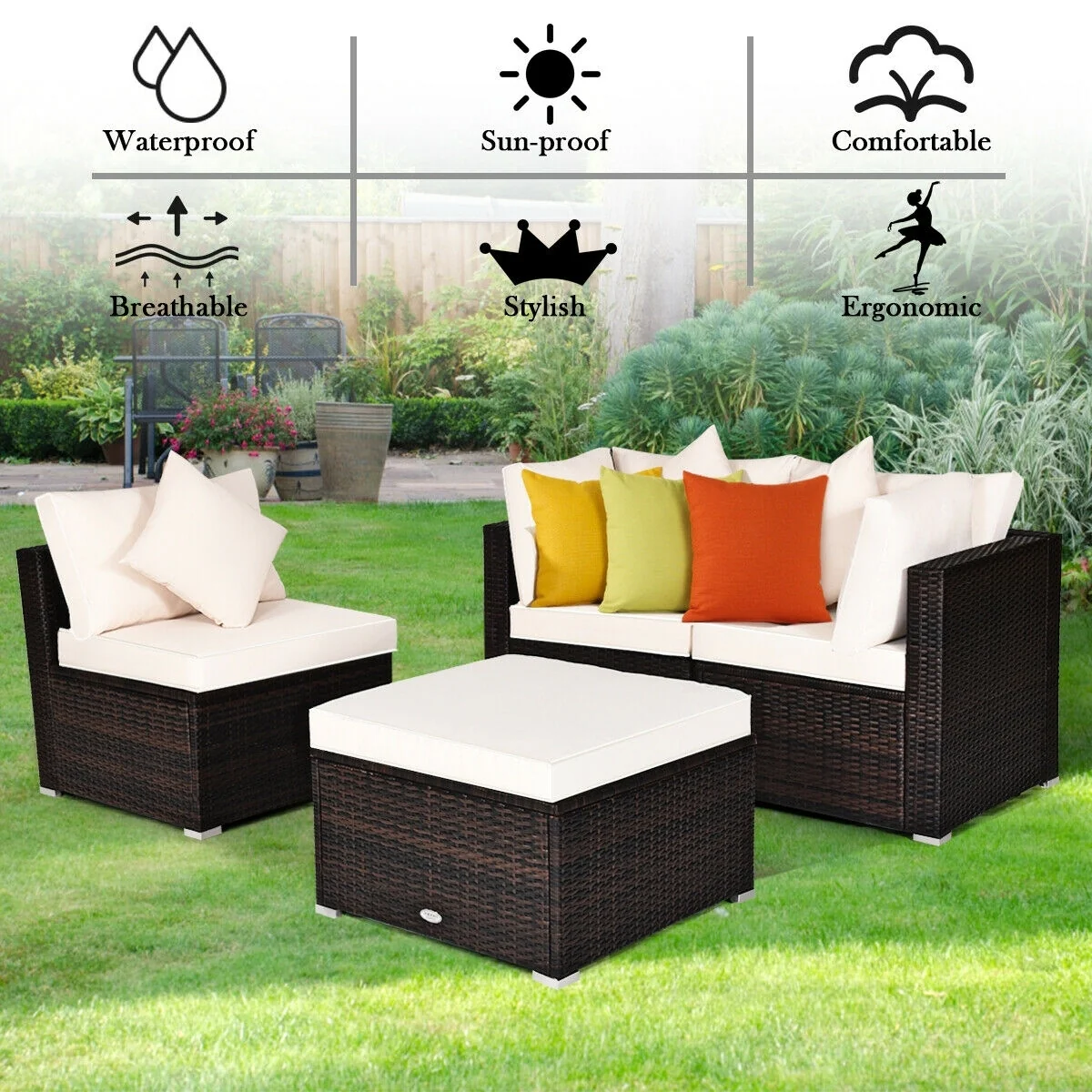 4 Pcs Ottoman Garden Deck Patio Rattan Wicker Furniture Set Cushioned Sofa, White - Image 9