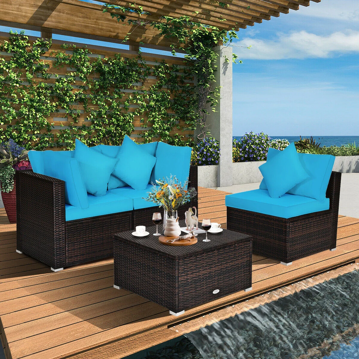 4 Pcs Ottoman Garden Furniture Set, Rattan Wicker Sofa, Turquoise - Image 2