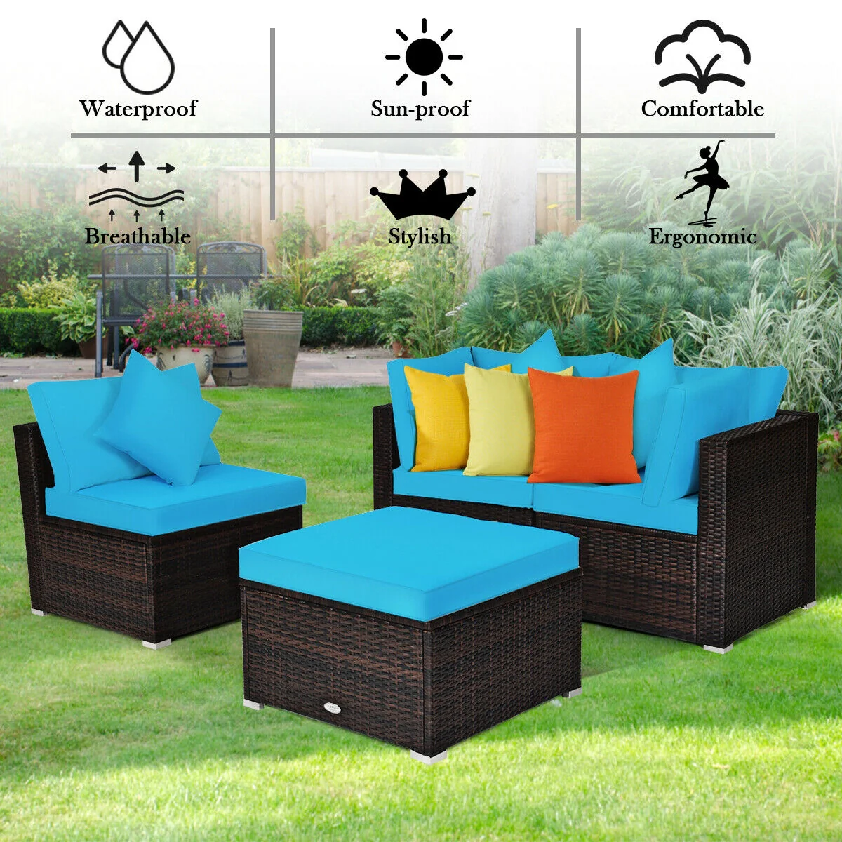 4 Pcs Ottoman Garden Furniture Set, Rattan Wicker Sofa, Turquoise - Image 3