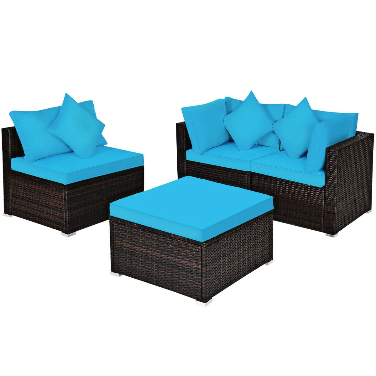 4 Pcs Ottoman Garden Furniture Set, Rattan Wicker Sofa, Turquoise - Image 4