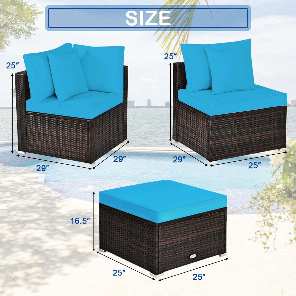 4 Pcs Ottoman Garden Furniture Set, Rattan Wicker Sofa, Turquoise - Image 5