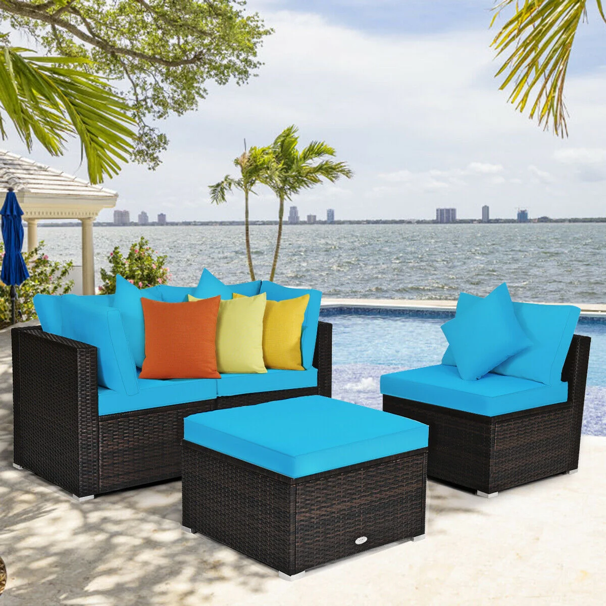 4 Pcs Ottoman Garden Furniture Set, Rattan Wicker Sofa, Turquoise - Image 7