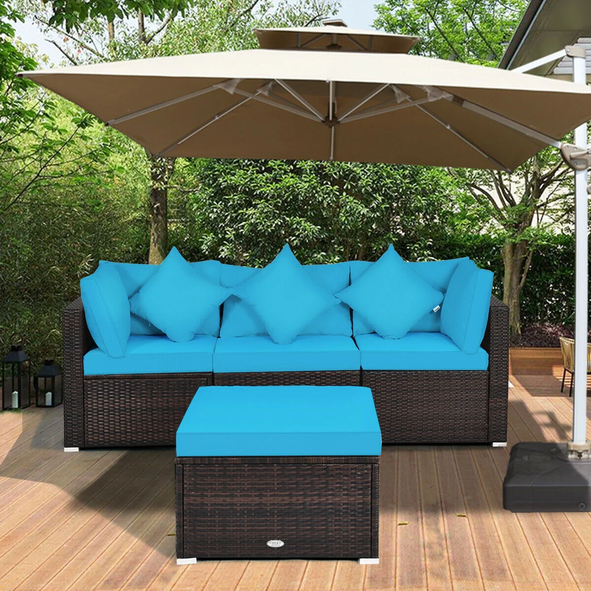 4 Pcs Ottoman Garden Furniture Set, Rattan Wicker Sofa, Turquoise - Image 8