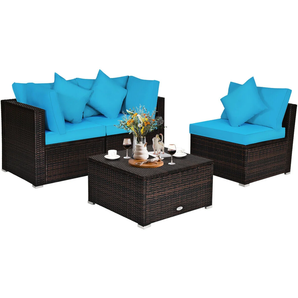 4 Pcs Ottoman Garden Furniture Set, Rattan Wicker Sofa, Turquoise - Image 9