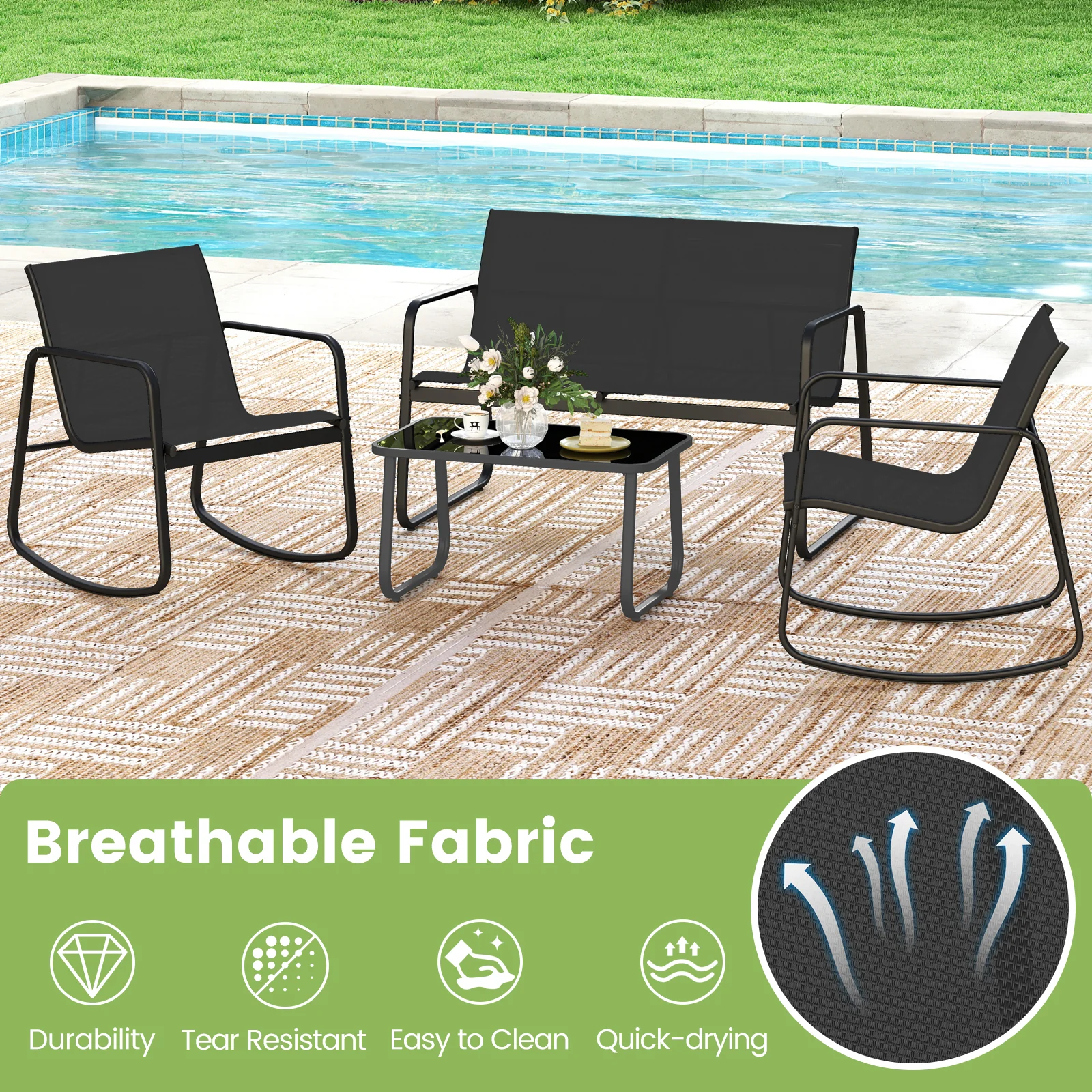 4 PCS Patio Furniture Set, Outdoor Rocker Chair, Black - Image 10