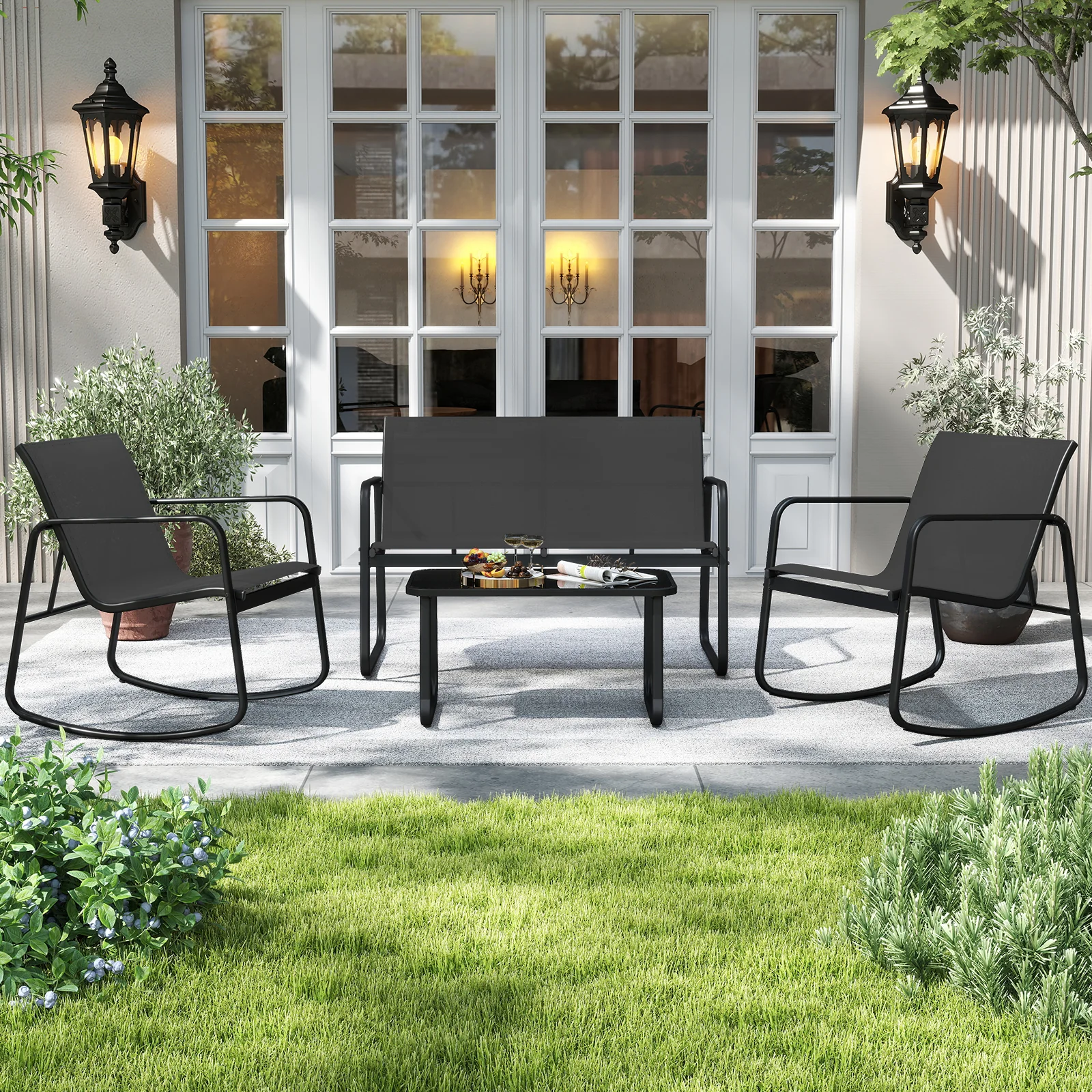 4 PCS Patio Furniture Set, Outdoor Rocker Chair, Black - Image 3