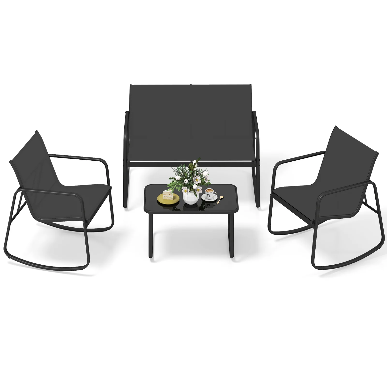 4 PCS Patio Furniture Set, Outdoor Rocker Chair, Black - Image 5