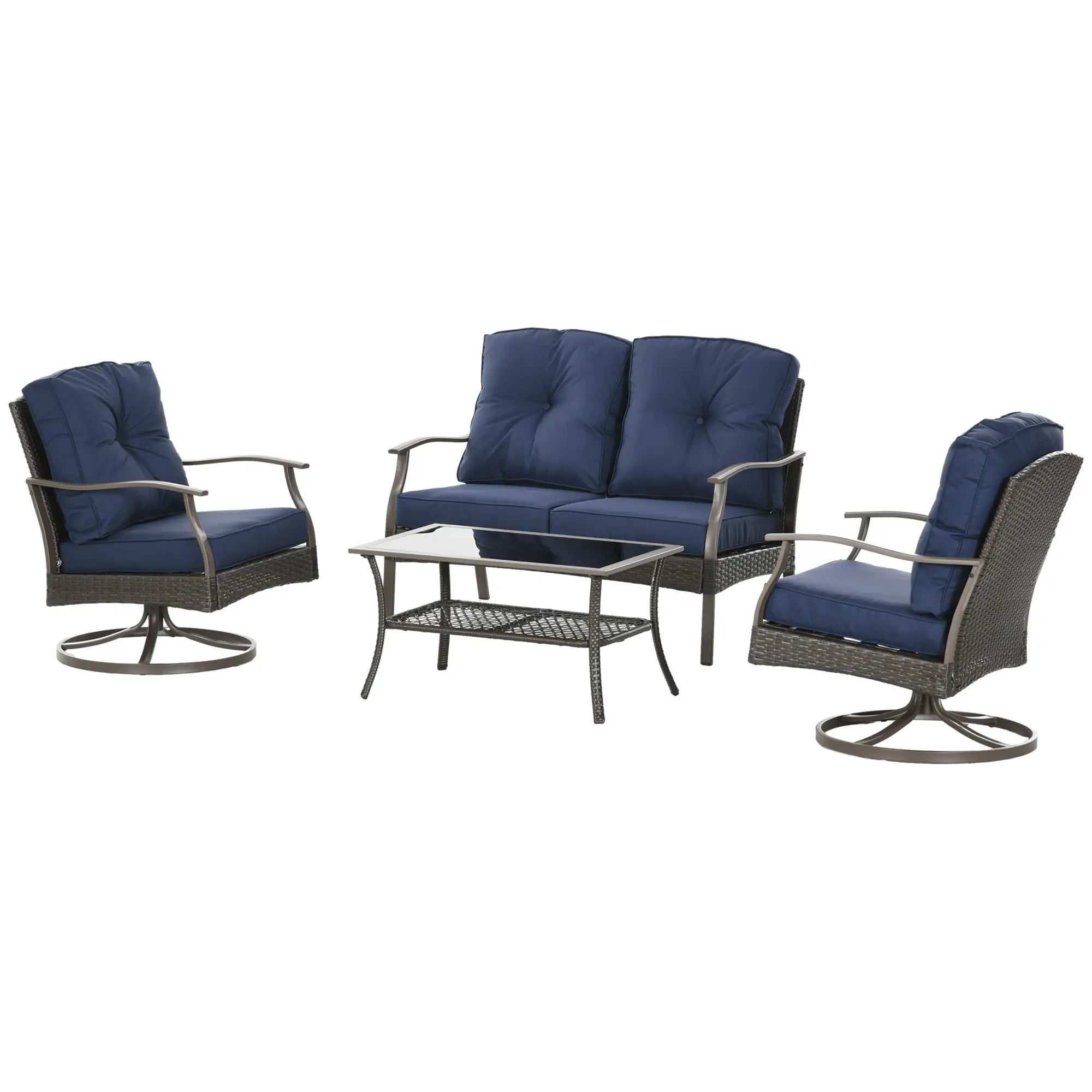 4 Pcs PE Rattan Wicker Sofa Set, Outdoor Conversation Furniture, Navy Blue