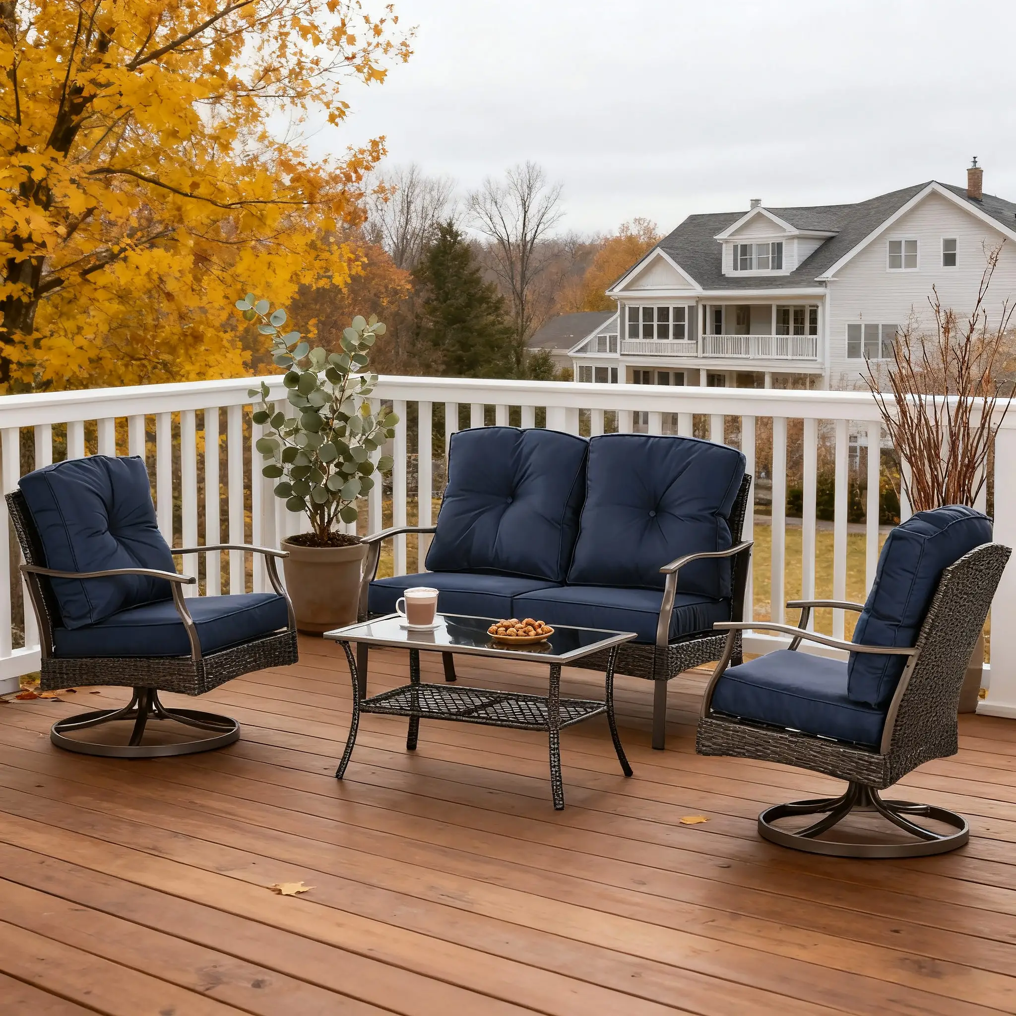 4 Pcs PE Rattan Wicker Sofa Set, Outdoor Conversation Furniture, Navy Blue - Image 2