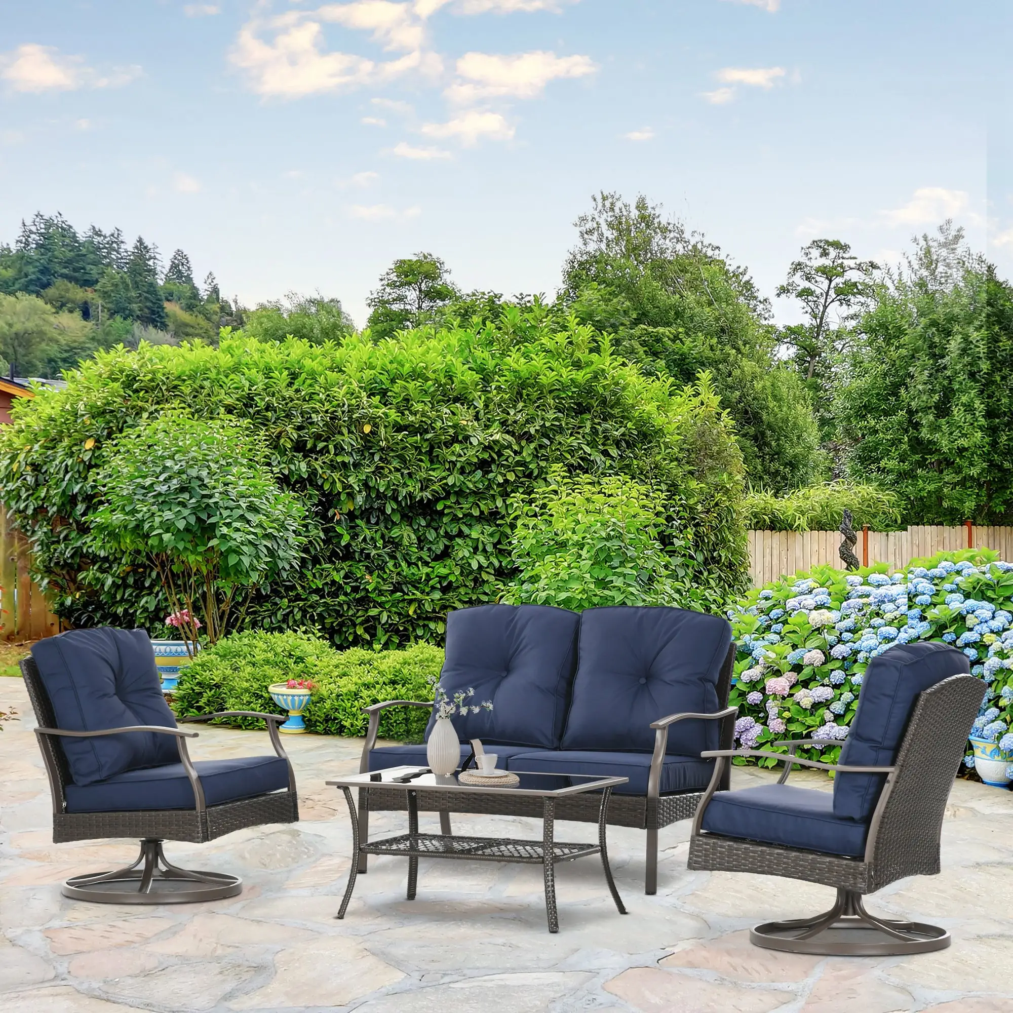 4 Pcs PE Rattan Wicker Sofa Set, Outdoor Conversation Furniture, Navy Blue - Image 9