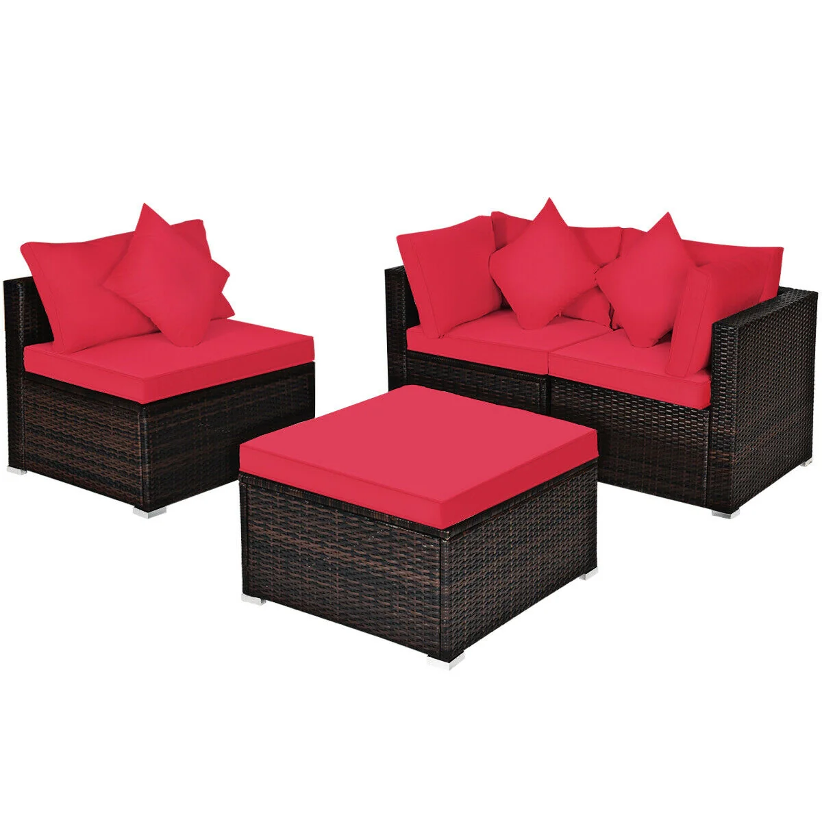 4 Pcs Rattan Patio Furniture Set, Cushioned Sofa, Red