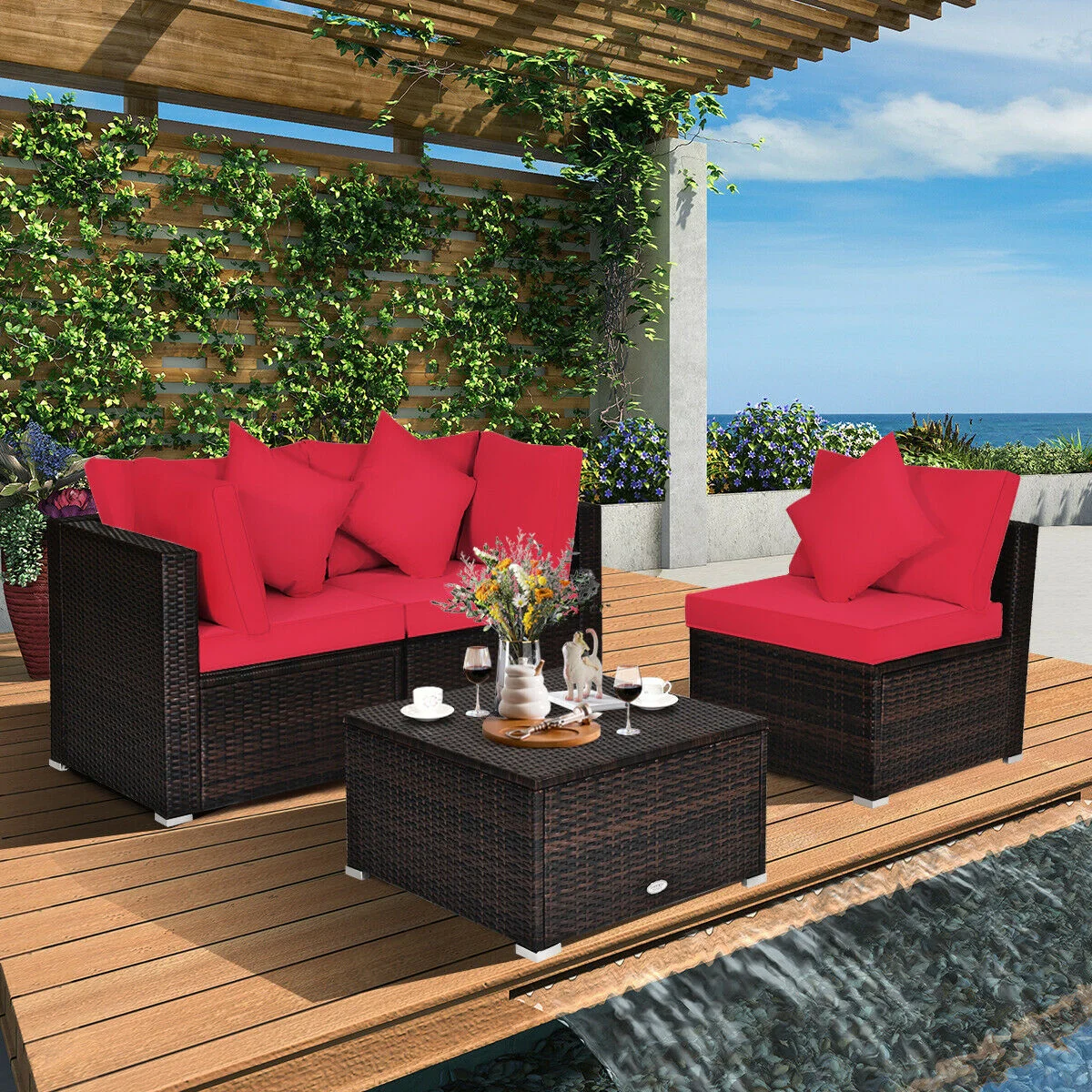4 Pcs Rattan Patio Furniture Set, Cushioned Sofa, Red - Image 2
