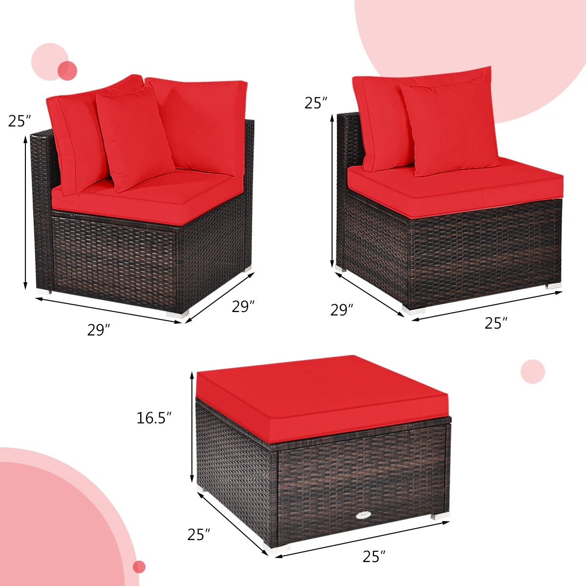 4 Pcs Rattan Patio Furniture Set, Cushioned Sofa, Red - Image 5
