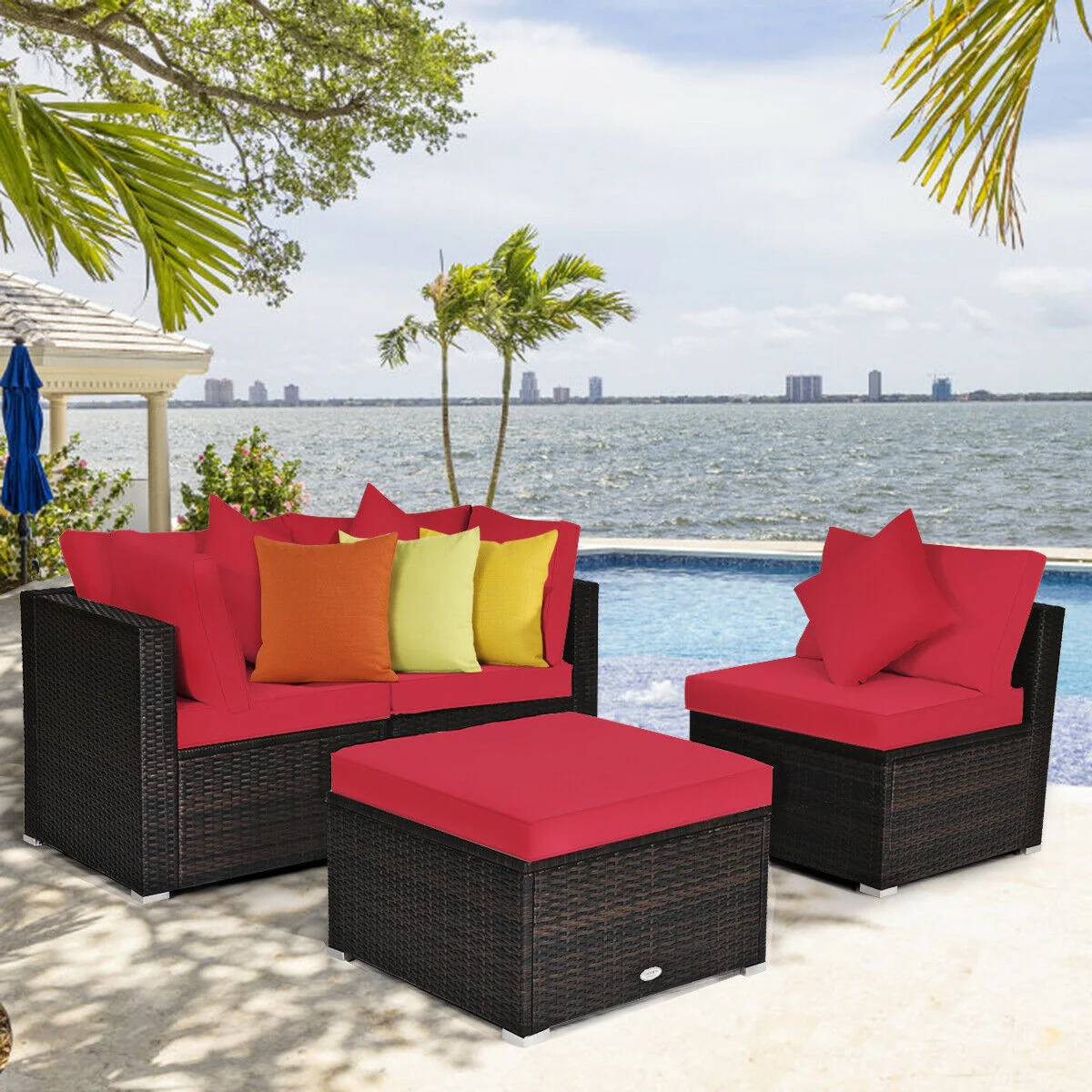 4 Pcs Rattan Patio Furniture Set, Cushioned Sofa, Red - Image 7