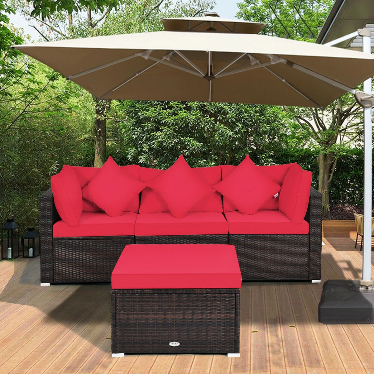 4 Pcs Rattan Patio Furniture Set, Cushioned Sofa, Red - Image 8