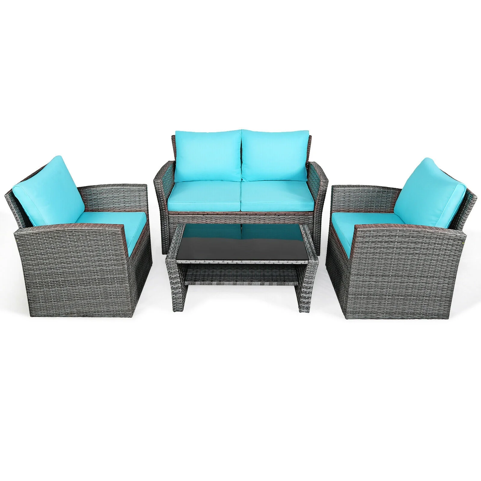 4 Pcs Rattan Patio Set, Sofa Table With Storage Shelf, Turquoise
