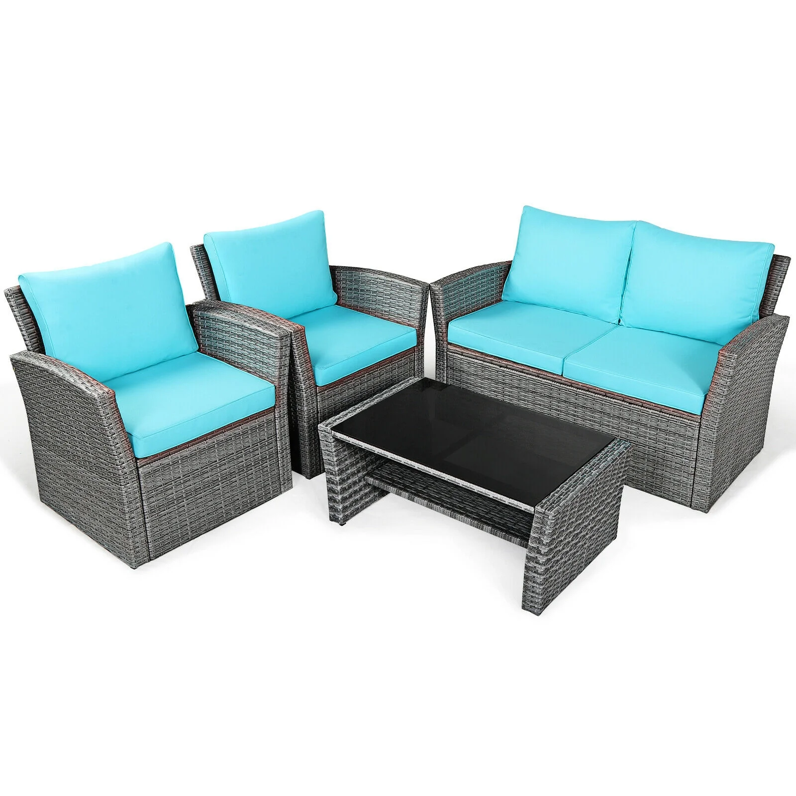 4 Pcs Rattan Patio Set, Sofa Table With Storage Shelf, Turquoise - Image 10