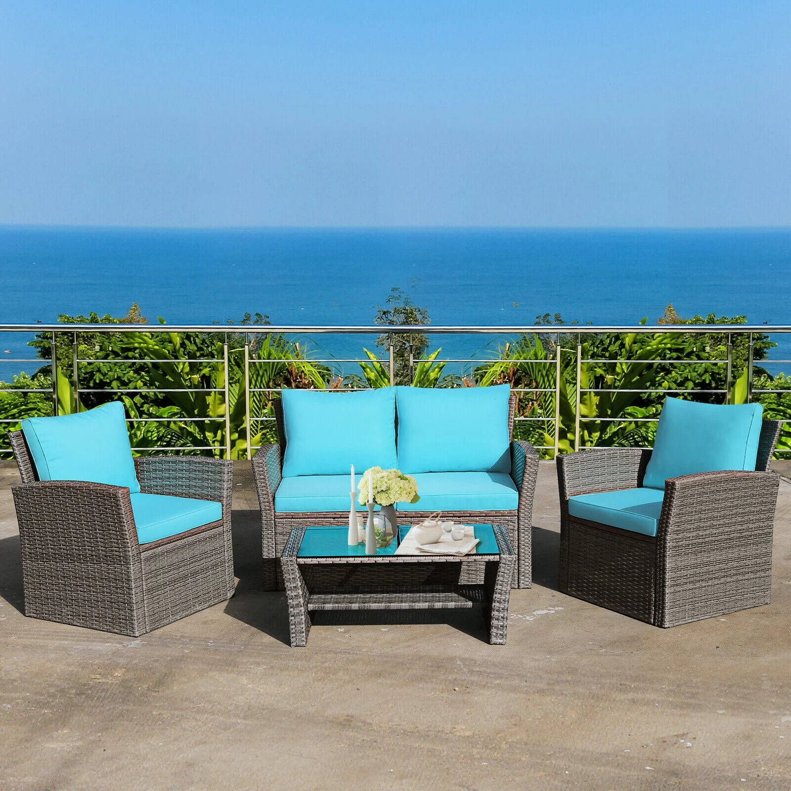 4 Pcs Rattan Patio Set, Sofa Table With Storage Shelf, Turquoise - Image 2
