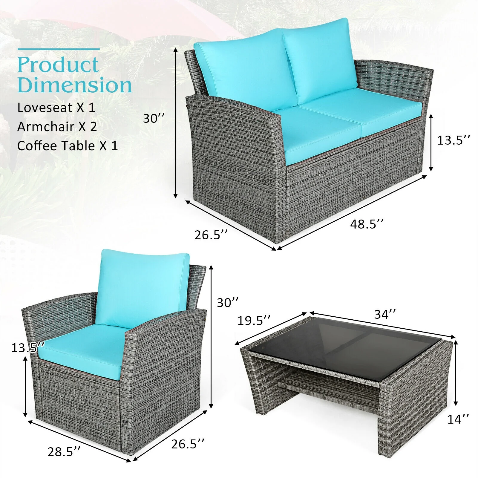 4 Pcs Rattan Patio Set, Sofa Table With Storage Shelf, Turquoise - Image 5