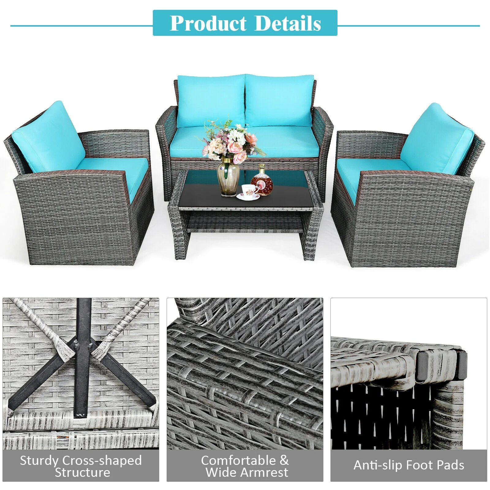 4 Pcs Rattan Patio Set, Sofa Table With Storage Shelf, Turquoise - Image 6